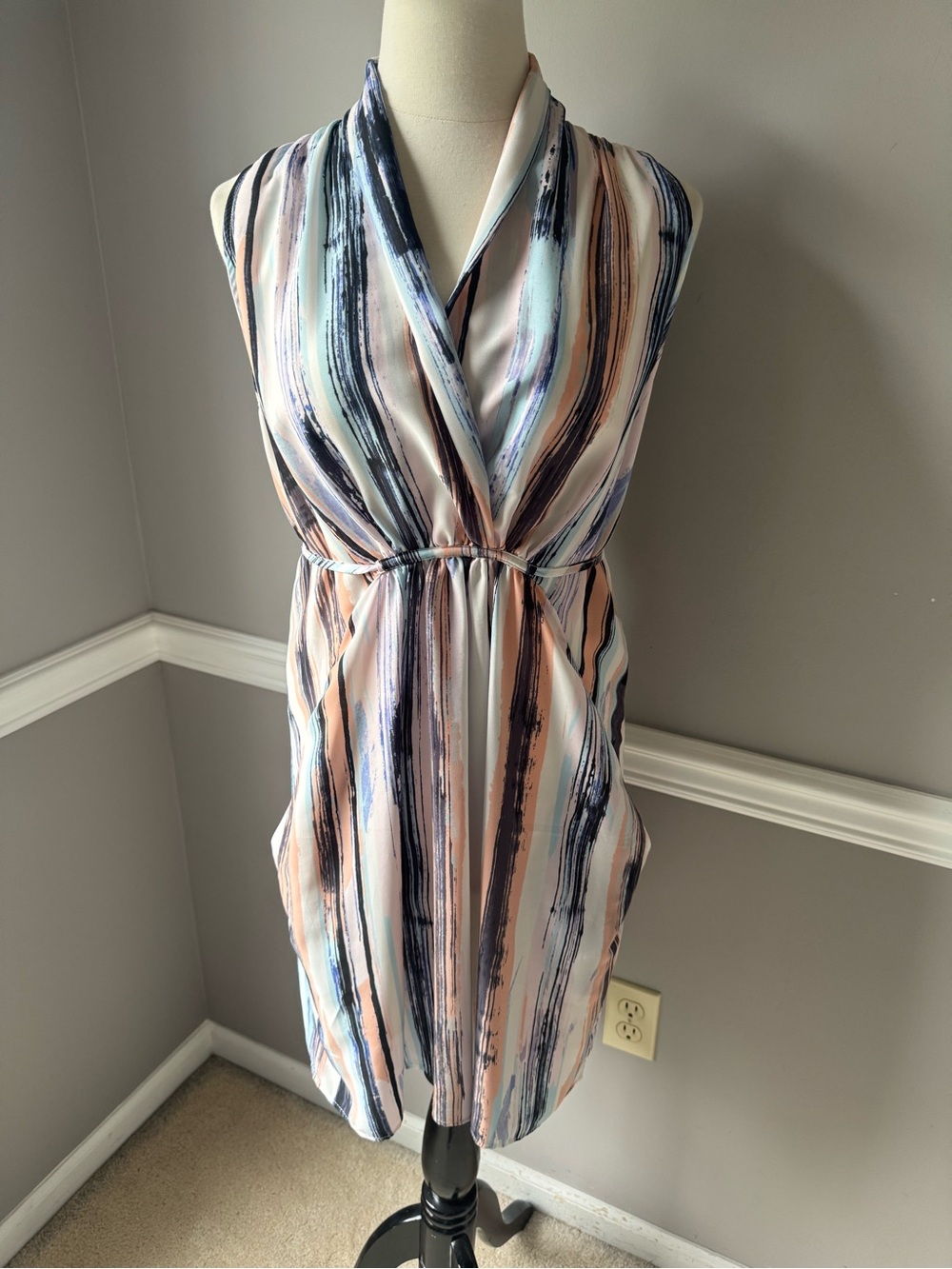 Bar III Multi-Stripe Surplice Midi Dress in Blush, Navy & White